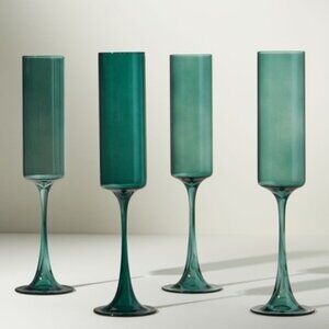 Morgan Champagne Flutes, Pair of Two, Holiday Green Toasting Glasses